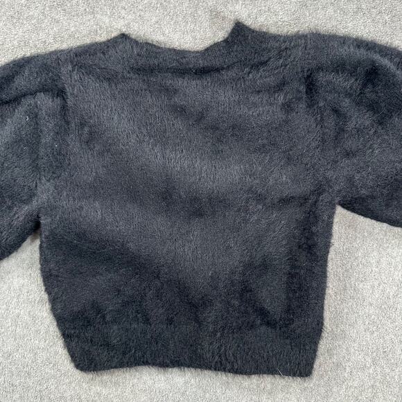 Day + Moon Fuzzy Cropped Sweater Top Size Small Black Short Puff Sleeve Crew Nec - Picture 8 of 9